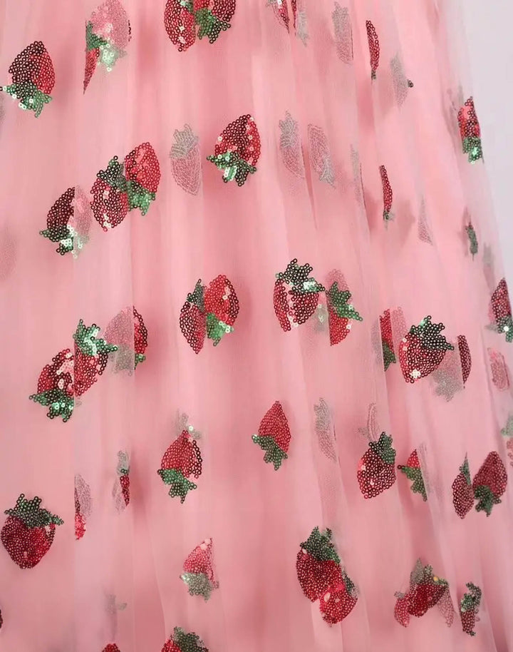 Japanese-inspired Strawberry Sequin Dress - A mix of Polyester, Spandex, and Voile, featuring cute puff sleeves, ruffles, and lace