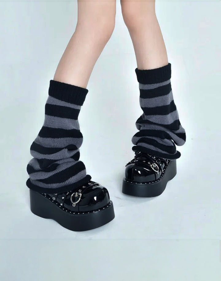 Y2K fashion inspired grey and black striped kawaii leg warmers, perfect for j-fashion enthusiasts.