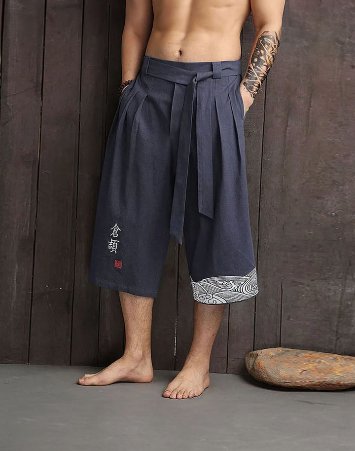 Blue Linen Pants - Mid-Waist Japanese Style, Ideal for Anime Enthusiasts.