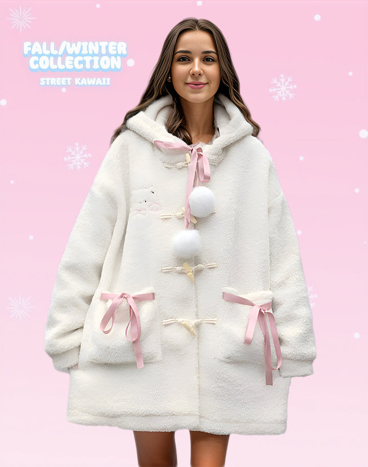 Kawaii Winter White Coat - Front view on a model, showcasing cute pom-pom accents and satin pink lace.