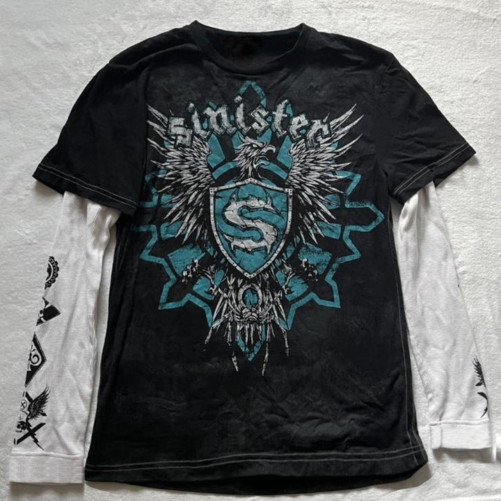 Black goth t-shirt with blue sinister logo and eagle print, featuring white long sleeves with gothic details, ideal for alternative or e-boy style.