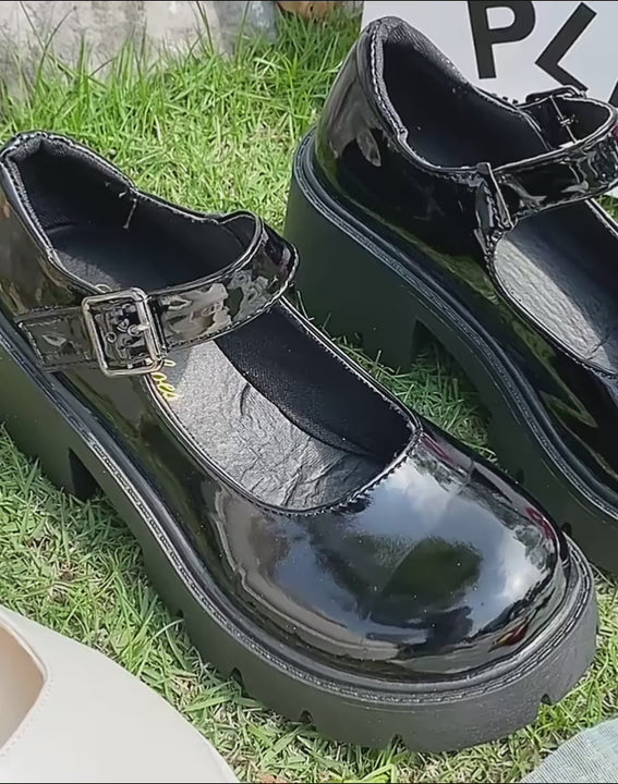 Video showing Japanese School Style Platform Shoes in white, shiny black, and matte black