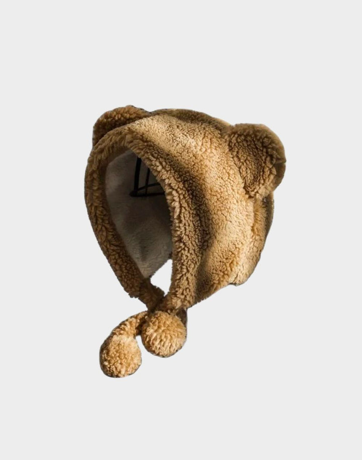 brown color of bear ears beanie, showing the fuzzy detail