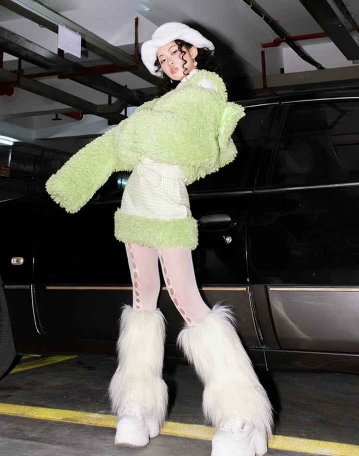 Model wearing Faux Furry Leg Warmers, a must-have accessory for Kawaii and Y2K fashion lovers.