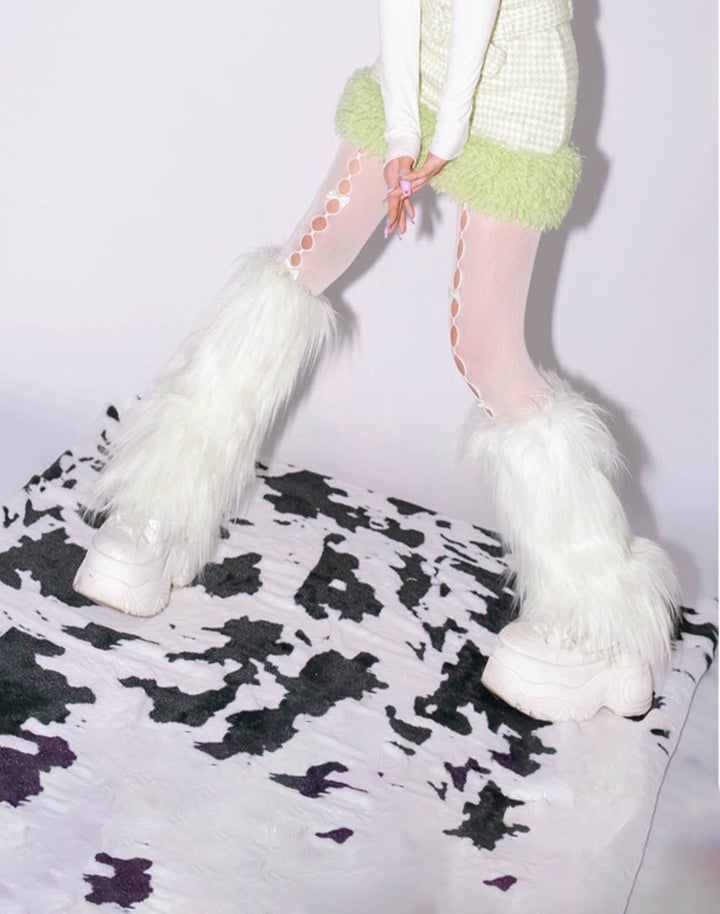 Model wearing the Faux Furry Leg Warmers, paired with a trendy Y2K outfit.