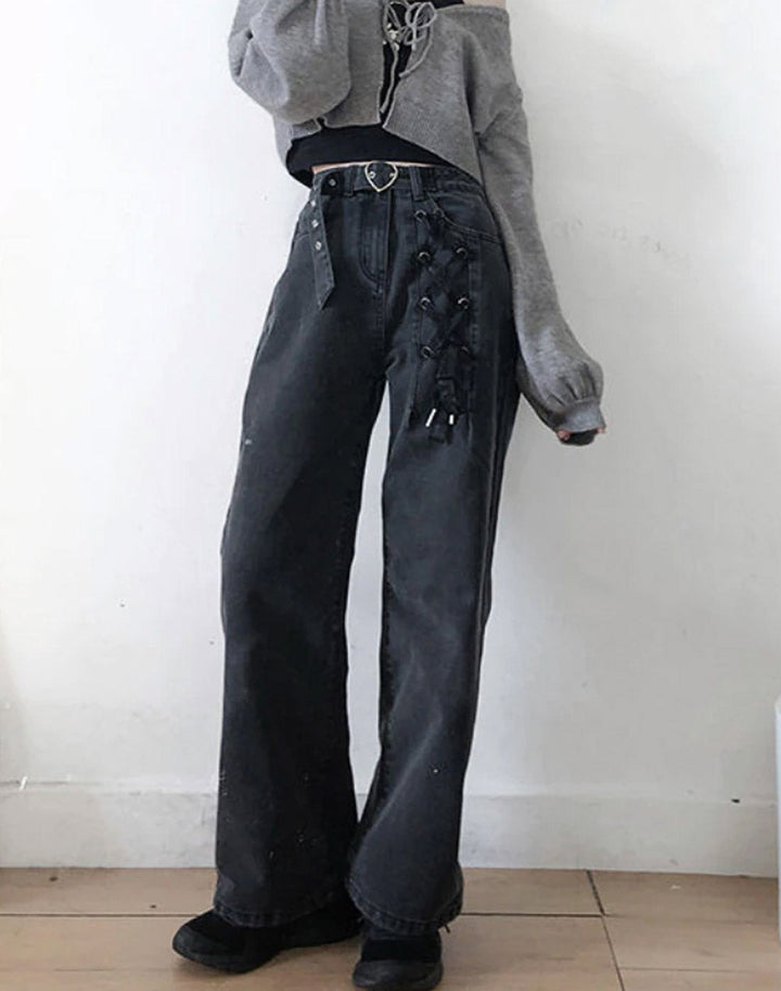 Goth Lace Up Jeans - Street Kawaii