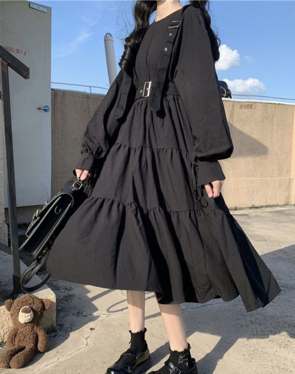 Model wearing Harajuku Goth Black Dress with ruffled details