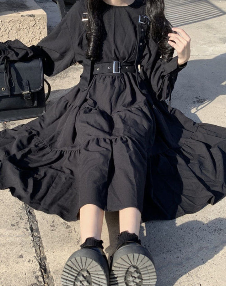 Model Wearing Harajuku Goth Black Dress on model