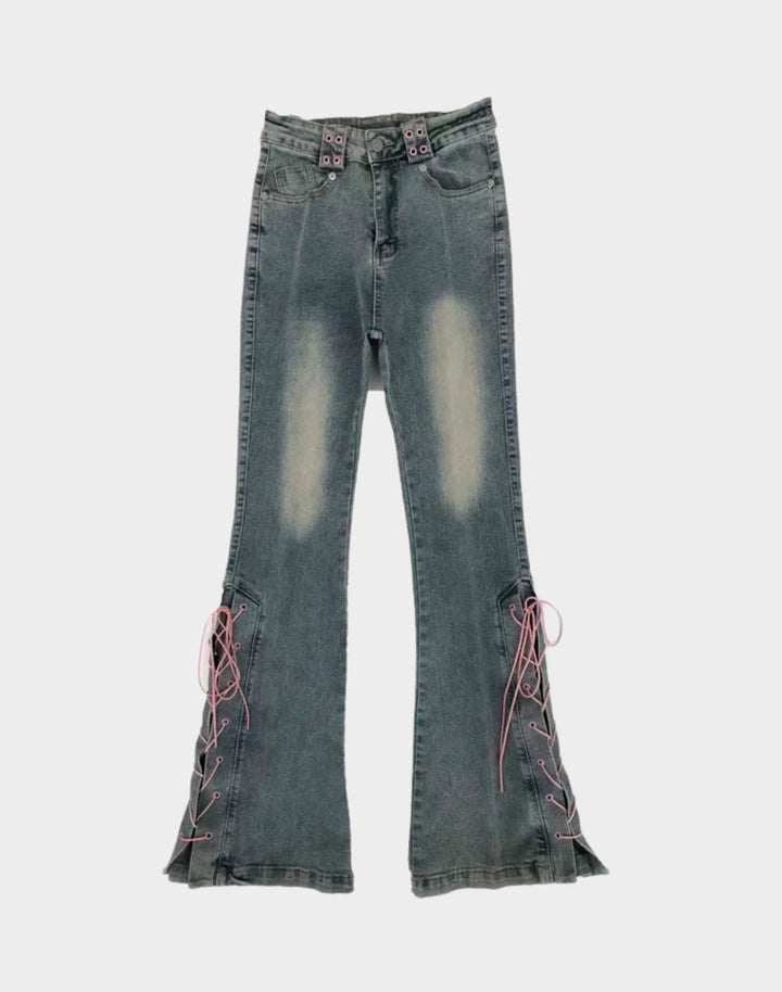 Kawaii Lace Up Flare Jeans - Street Kawaii