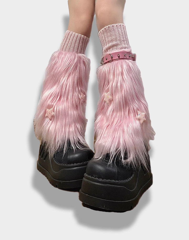 Model wearing the Kawaii Pink Furry Leg Warmers, paired with a trendy black shoes.