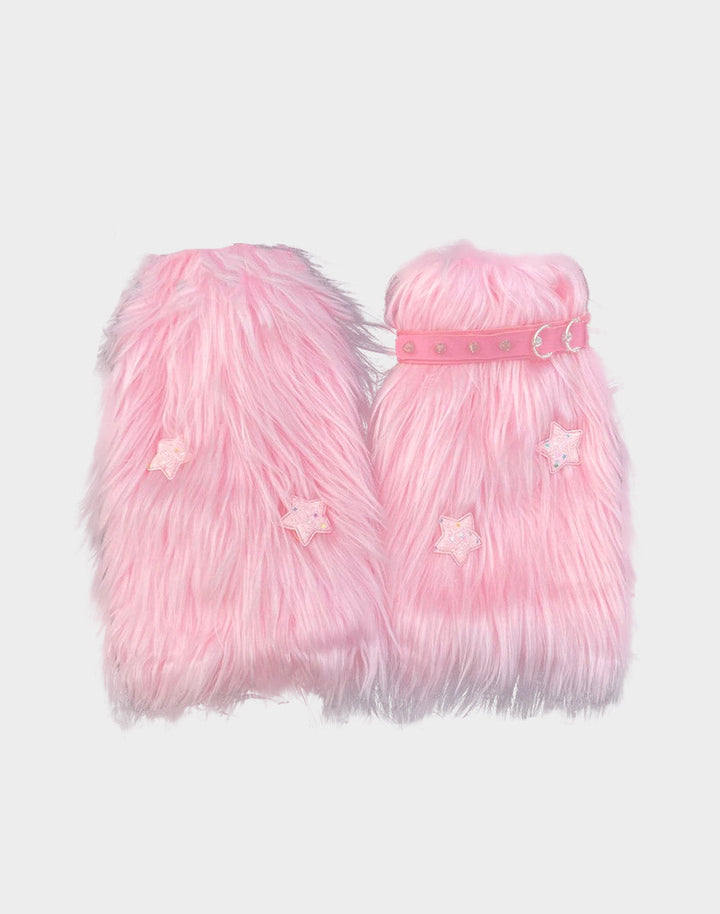 Kawaii Pink Furry Leg Warmers displayed on a flat surface, showing the material and intricate details.