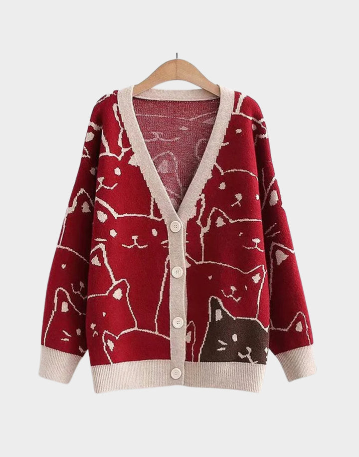 Kitties Pattern Knit Cardigan in red color