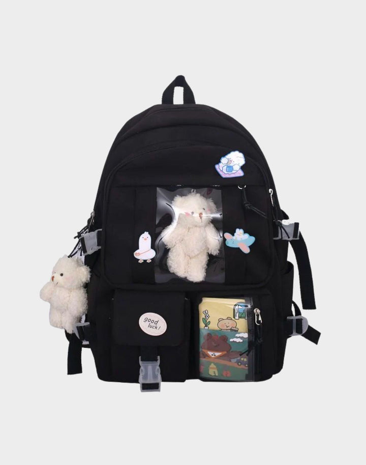 Plush Doll Kawaii Backpack in classic Black color, showcasing the plush friend and nylon material.