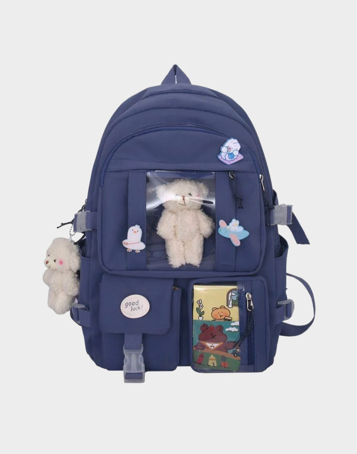Blue Plush Doll Kawaii Backpack, highlighting the unique design and spacious interior for daily use.