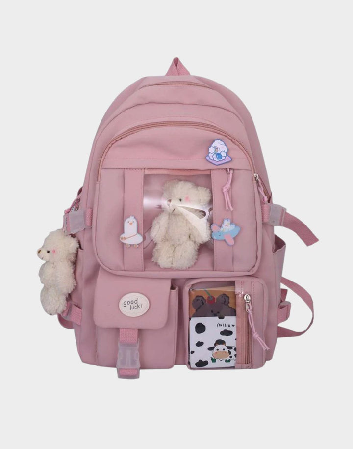 Pink Plush Doll Kawaii Backpack, expressing the Kawaii lifestyle with a plush friend and zipper closure.
