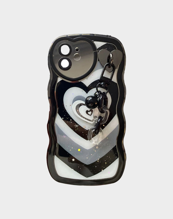 Y2K aesthetic iPhone case with black heart wave pattern and detachable chain accessory