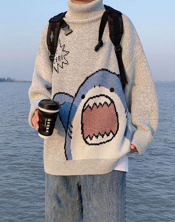 shark print sweater grey color - street kawaii