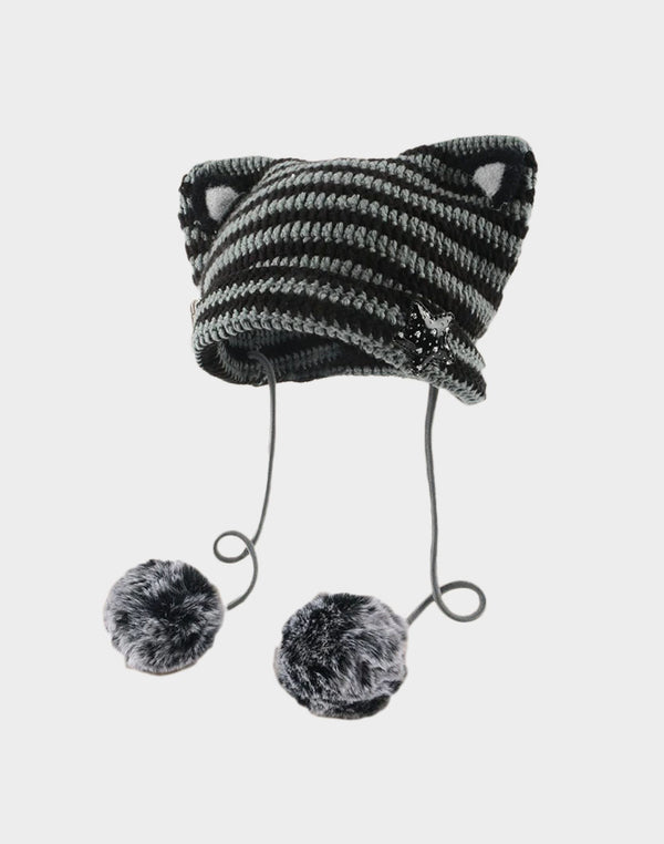 Y2K Cat Ears Pom Pom Beanie in sophisticated Grey color, showcasing the fluffy pom-pom and adorable cat ears.
