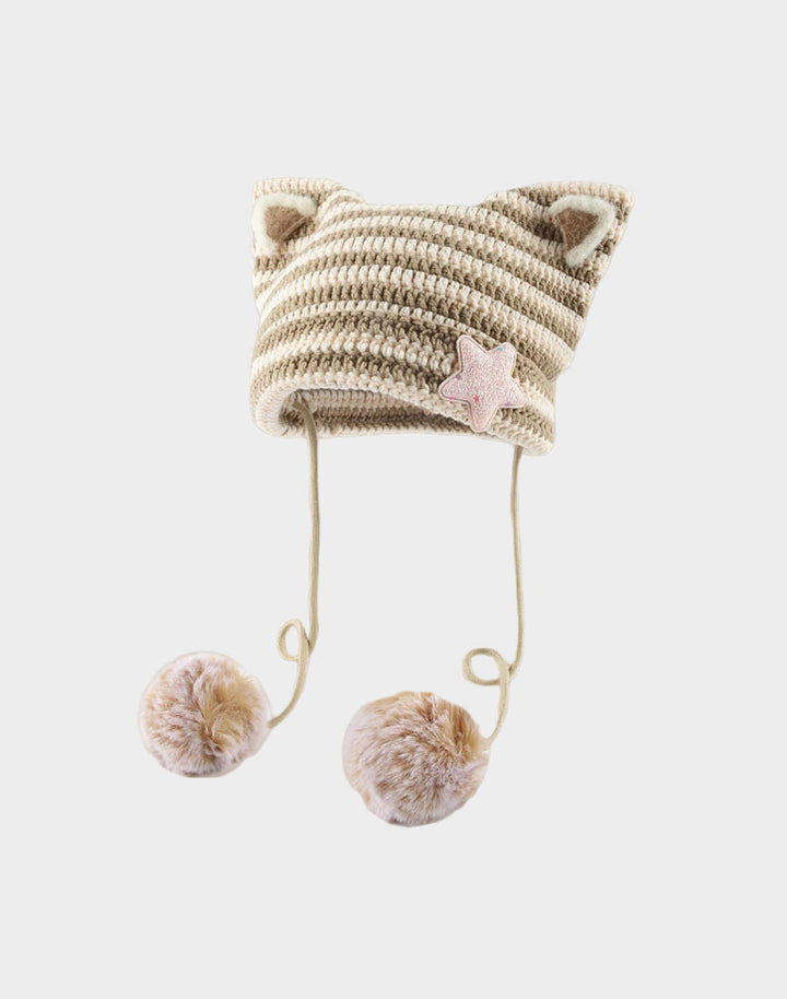 Chic Khaki Y2K Cat Ears Pom Pom Beanie, displaying the unique design with cat ears and a fluffy pom-pom.