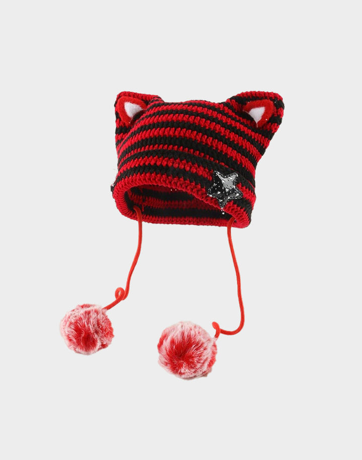Vibrant Red Y2K Cat Ears Pom Pom Beanie, highlighting the trendy Y2K style and Kawaii charm.