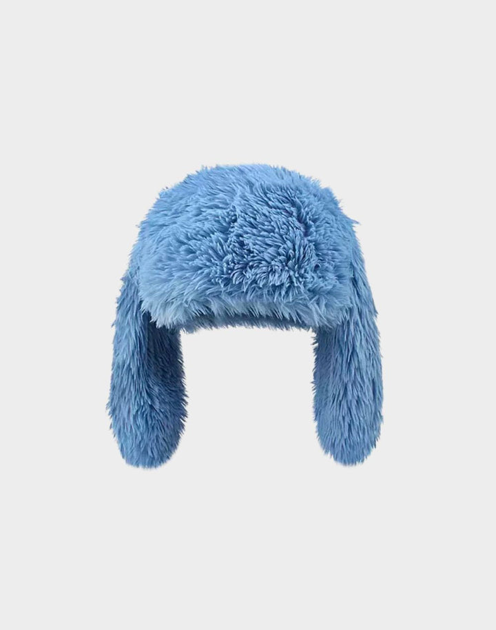 Vibrant blue kawaii-style beanie with bunny ears featured on a clean white background.