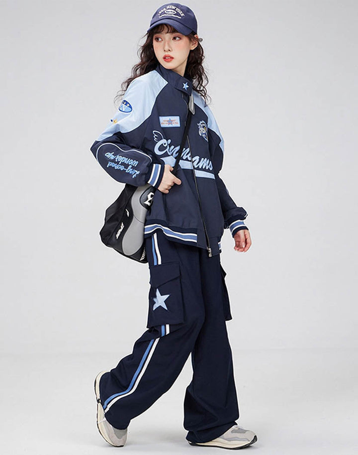 Side view of blue Cinnamoroll Racing Pants, highlighting the sporty side stripe and cute character accents for y2k and Harajuku fashion lovers.