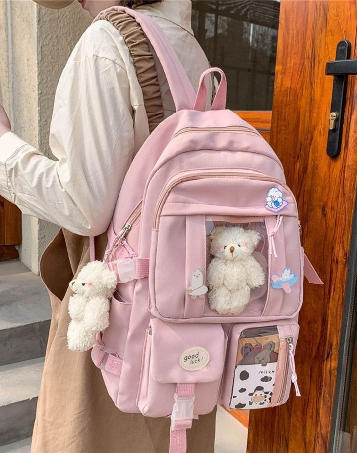 Model wearing the Plush Doll Kawaii Backpack, showcasing how it complements a trendy Kawaii outfit.