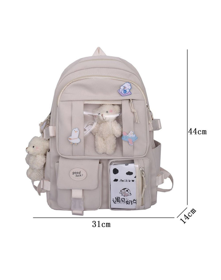 Size details of the Plush Doll Kawaii Backpack, displaying the length 31 cm, Width 14 cm, and Height 44 cm, perfect for carrying essentials.