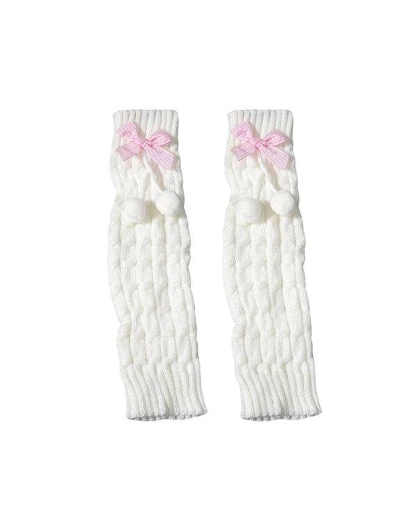 Vibrant Pink Pom Pom Bow Kawaii Knit Leg Warmers, highlighting the Y2K style and Kawaii aesthetic.
