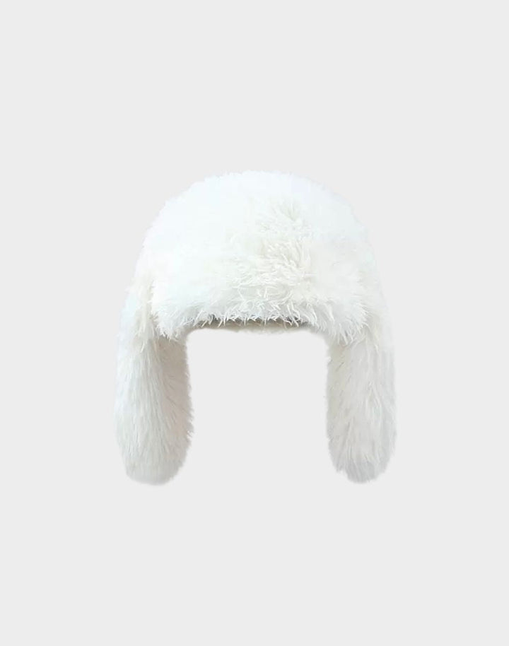 Elegant white bunny ears fuzzy beanie on a white background, emphasizing a minimalist Y2K aesthetic