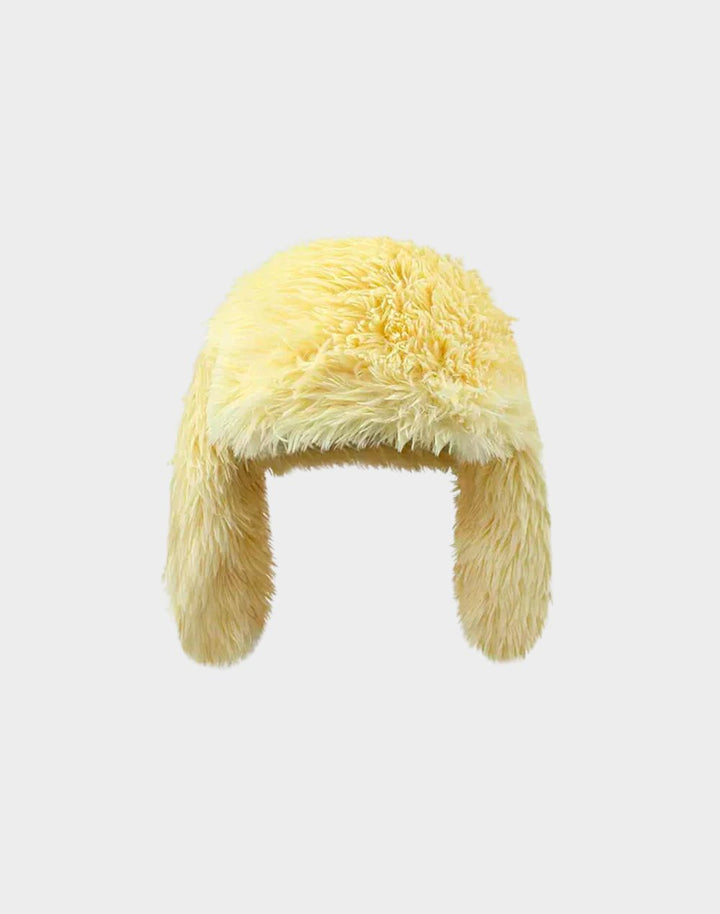 Bright yellow Y2K fluffy beanie with adorable bunny ears, displayed against a white backdrop.